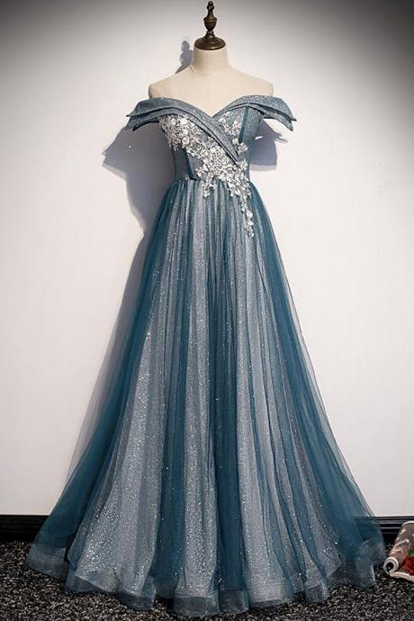 Blue Tulle Lace Long Prom Dress Off Shoulder Evening Dress