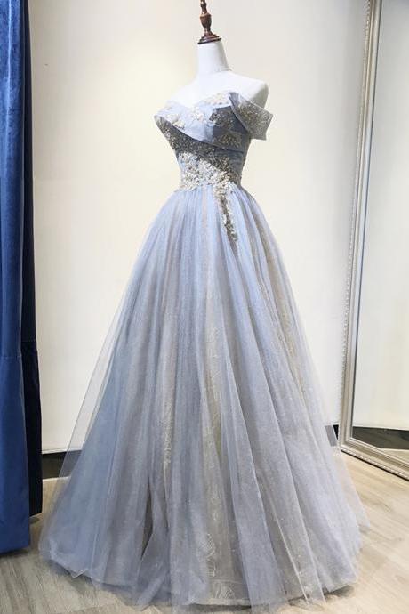 Blue Tulle Sequins Long Prom Dress Evening Dress