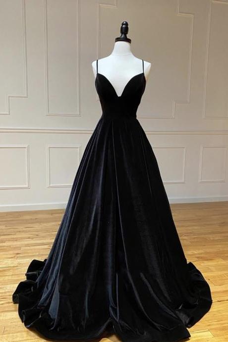 Black V Neck Long Prom Dress Black Velvet Evening Dress