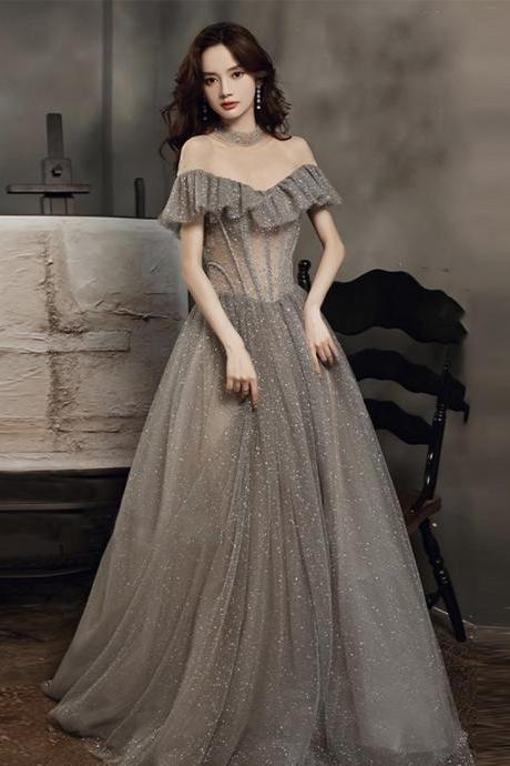 Gray Tulle Sequins Long Ball Gown Dress Formal Dress