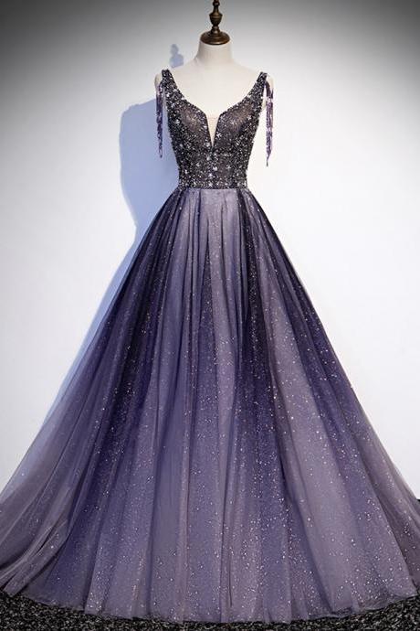 Purple V Neck Tulle Beads Long Prom Dress Evening Dress