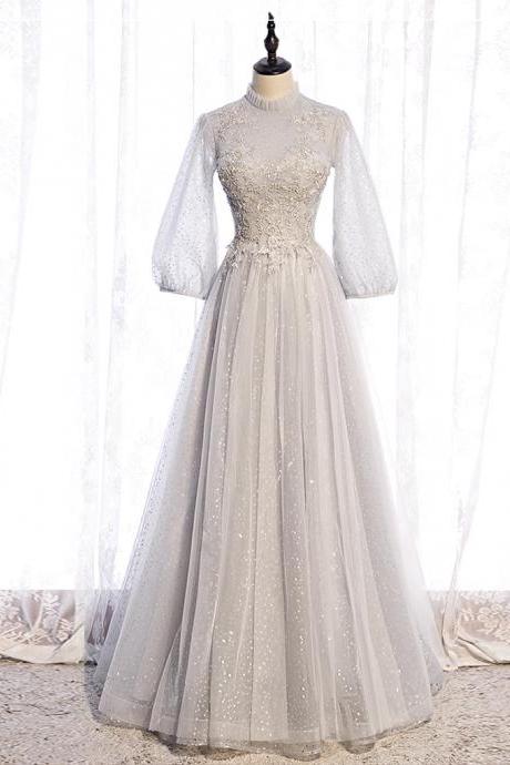 Gray Tulle Lace Long Prom Dress Long Sleeve Evening Dress