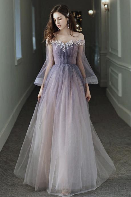 Purple tulle lace long prom dress evening dress