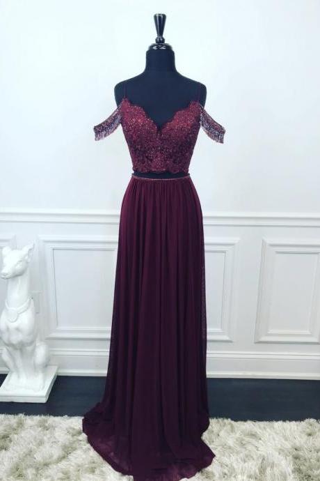 Purple chiffon lace long prom dress evening dress