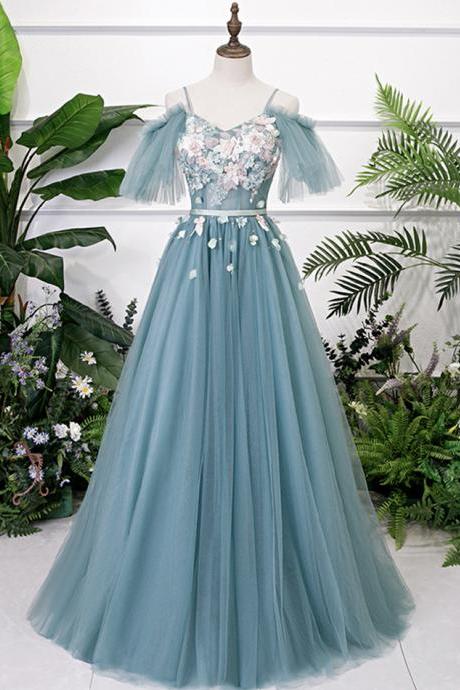 Blue Tulle Lace Long Prom Gown Blue Evening Dress