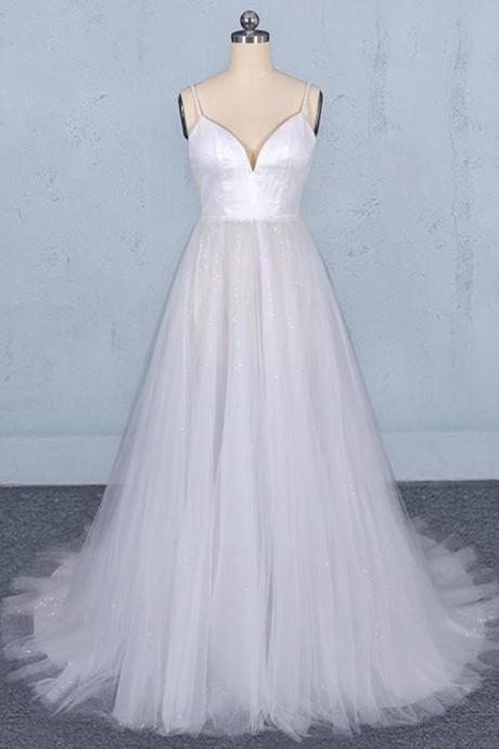 White tulle sequins long prom dress white evening dress
