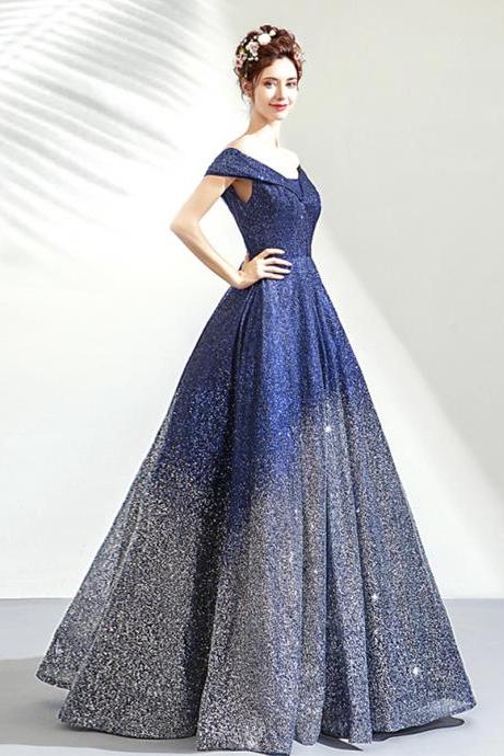 Blue Sequins Long Ball Gown Dress Blue Evening Dress