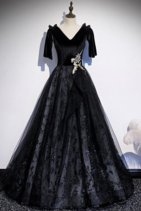Black Velvet Lace Long Prom Dress Evening Dress
