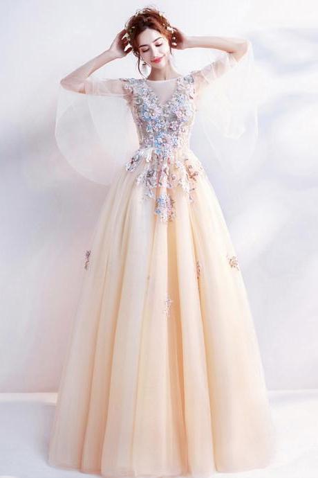 Champagne Lace Applique Long Prom Dress Evening Dress