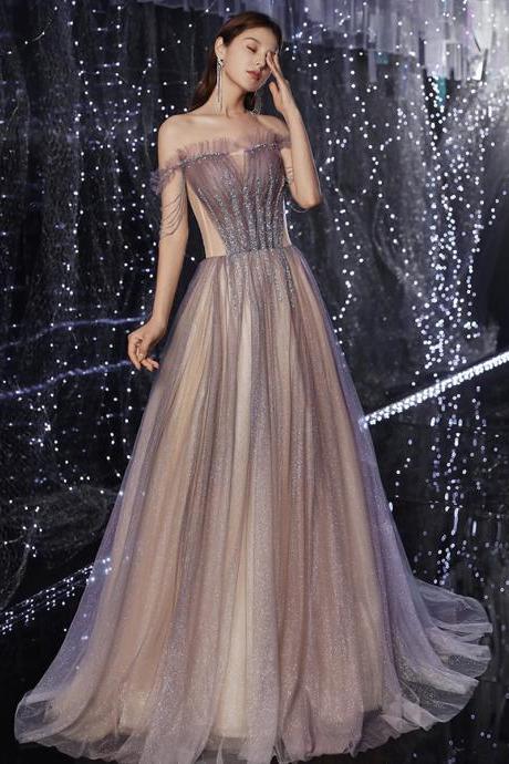 Shiny tulle sequins long prom dress evening dress