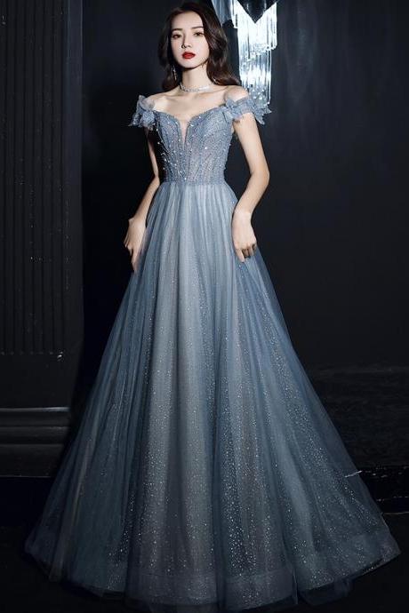 Elegant Tulle Sequins Long Prom Dress Blue Evening Dress