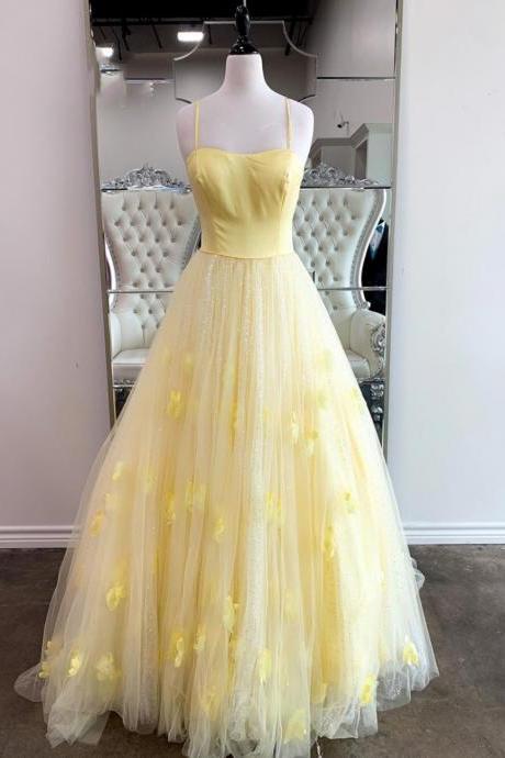 Yellow Tulle Long A Line Prom Dress Evening Dress