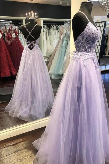 Purple lace long prom dress evening dress