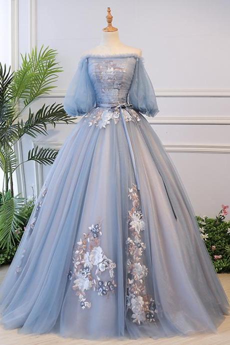 Blue Tulle Lace Long Ball Gown Dress Formal Dress