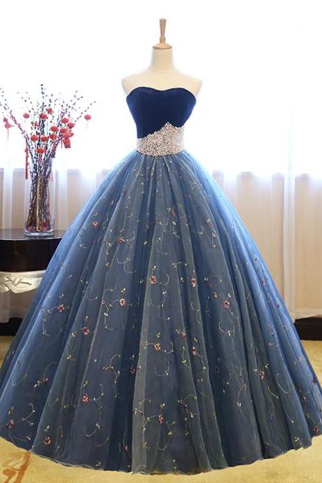 Blue tulle lace long ball gown dress blue evening dress