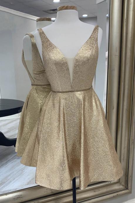 Gold V Neck Short Prom Dress Homecoming Dress