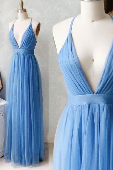 Blue V Neck Tulle Long Prom Dress Evening Dress