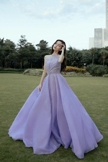 Unique tulle long lilac prom dress A line evening dress