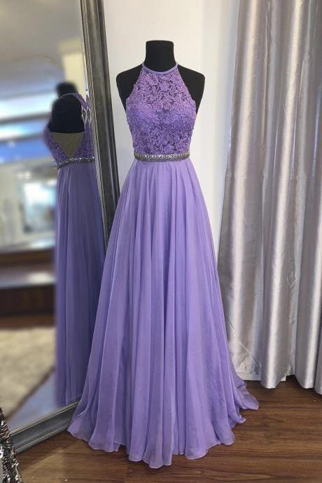 Purple lace long A line prom dress evening dress