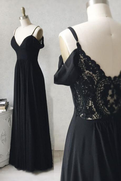 Black Chiffon Lace Long Prom Dress A Line Evening Dress