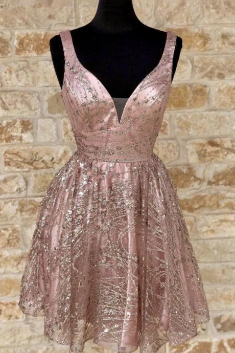 Pink Tulle Sequins Short Prom Dress Party Dress