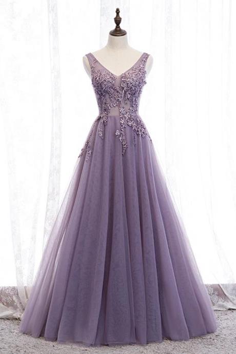 Purple v neck long A line prom dress lace evening dress
