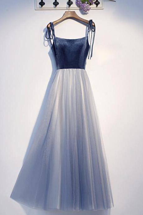 Blue Velvet Tulle Long Prom Dress Simple Evening Dress