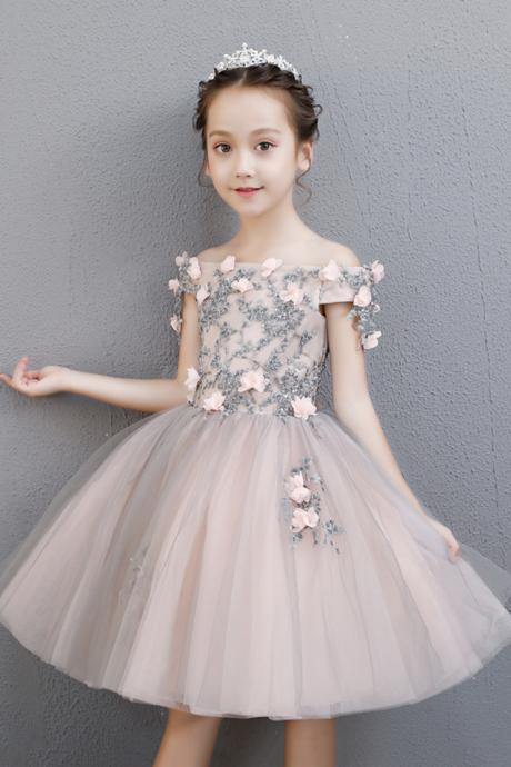Pink lace A line flower girl dress party girl dress