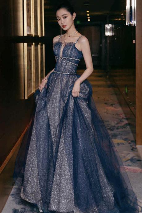 Shiny Tulle Long A Line Prom Dress Blue Evening Dress