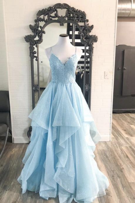 Blue Lace Long A Line Prom Dress Evening Dress