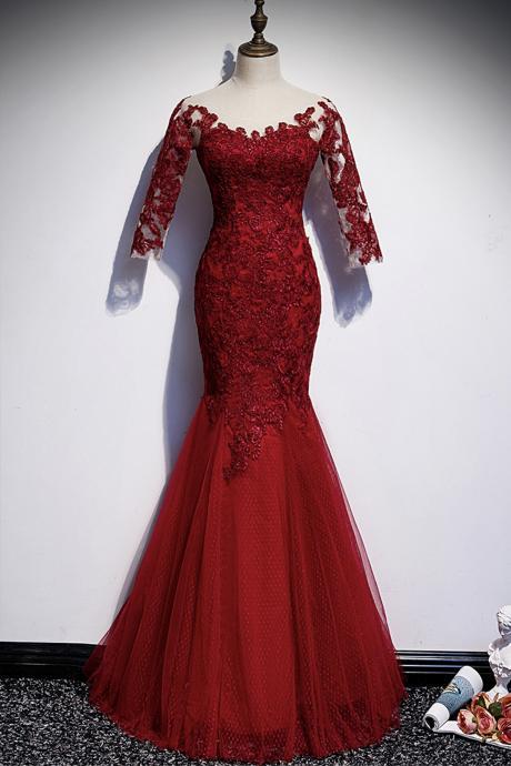 Burgundy Lace Long Prom Dress Mermaid Evening Dress