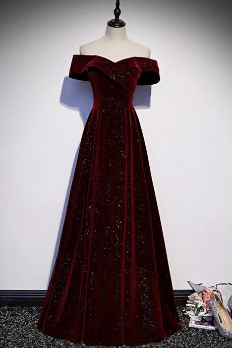 Burgundy Velvet Long A Line Prom Dress Evening Dress