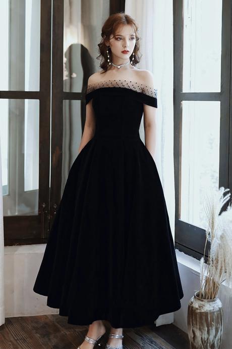 Cute Velvet Tea Length Prom Dress A Line Evening Dress