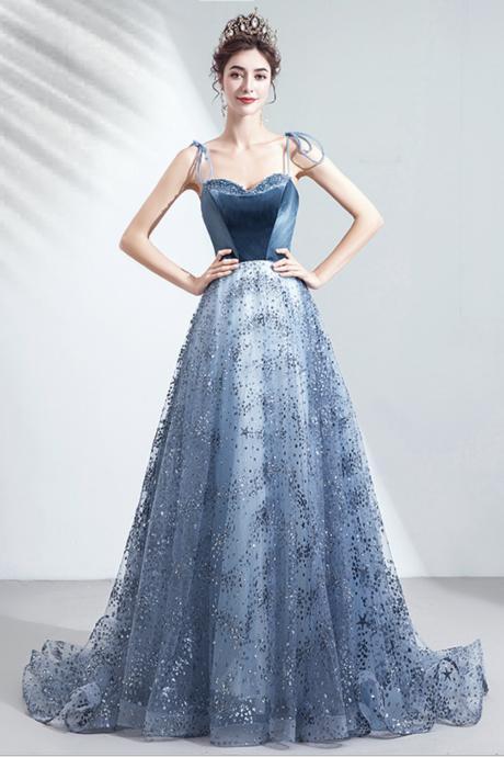 Shiny Sequins Long A Line Prom Dress Blue Evening Dress
