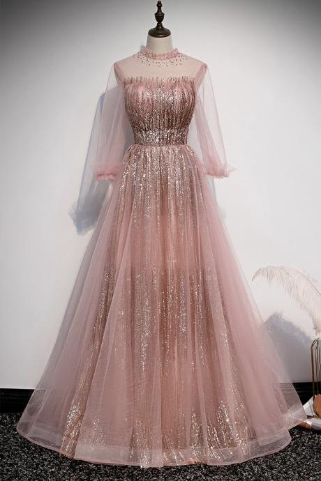 Pink Tulle Sequins Long Prom Dress A Line Evening Dress