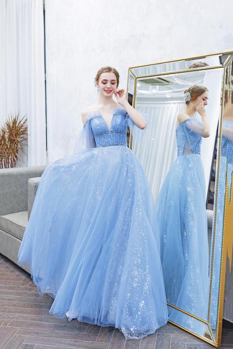 Blue Tulle Sequins Long Prom Dress A Line Evening Dress