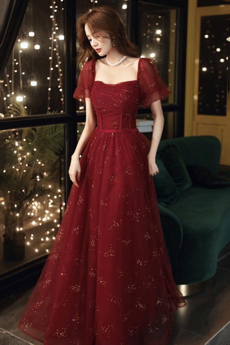 Burgundy Tulle Sequins Long A Line Prom Dress Evening Dress