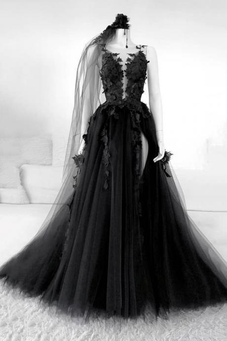 Black Lace Long A Line Prom Dress Black Evening Dress