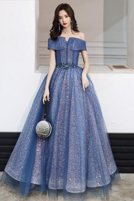 Blue Tulle Sequins Long Ball Gown Dress Formal Dress
