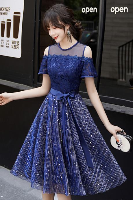 Blue Lace Short Prom Dress A Line Evening Dress