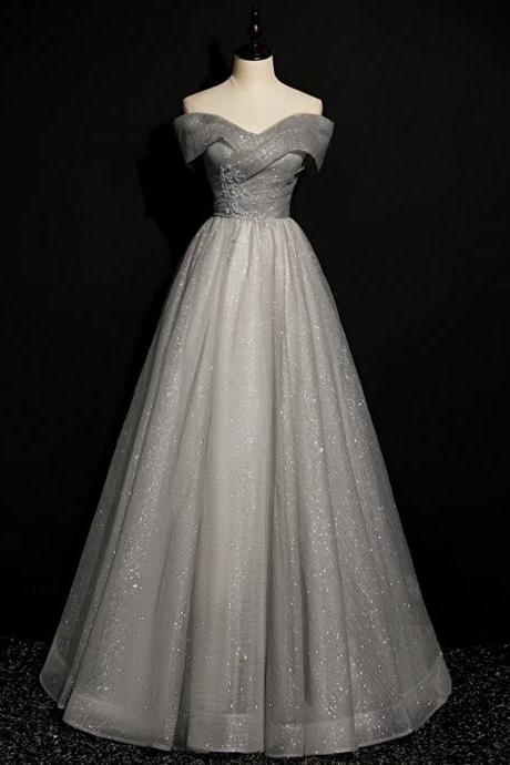 Grey Tulle Beads Long Prom Dress Off Shoulder Evening Dress