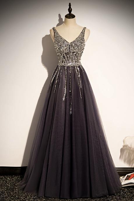 Stylish V Neck Tulle Beads Long Prom Dress Evening Dress