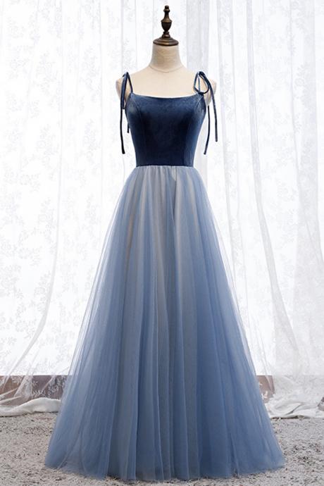 Blue Velvet Tulle Long Prom Dress Blue Evening Dress