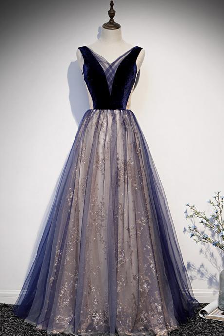 Blue V Neck Tulle Long A Line Prom Dress Formal Dress
