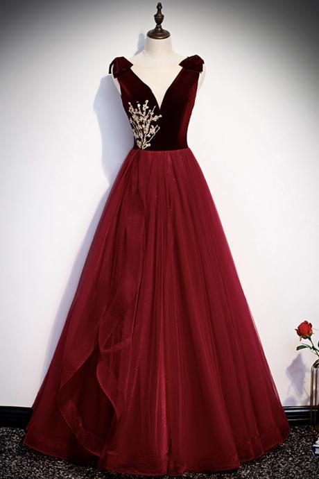 Burgundy Tulle Long A Line Prom Dress Formal Dress