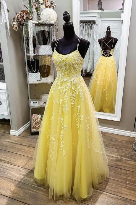 Yellow Lace Long A Line Ball Gown Formal Dress