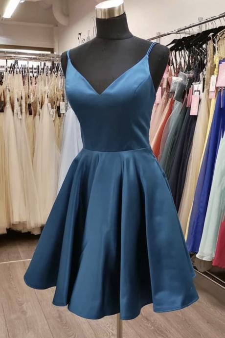 Blue V Neck Short Prom Dress Simple Evening Dress