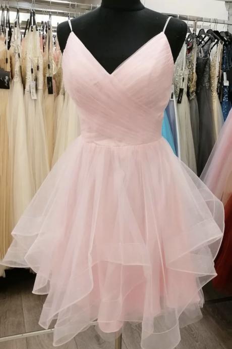 Pink Tulle Short A Line Prom Dress Pink Evening Dress