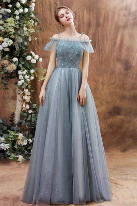 Shiny tulle beads long prom dress blue evening dress