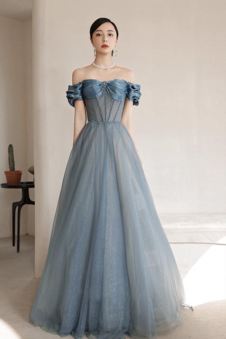Blue Tulle Long A Line Prom Dress Off Shoulder Evening Dress